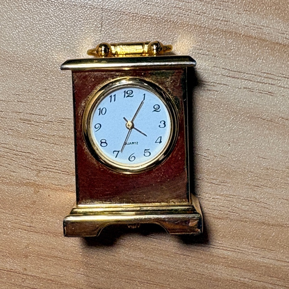 Miniature Clock Gold White Face Black Numerals Desk Table Decor Vintage Inspired